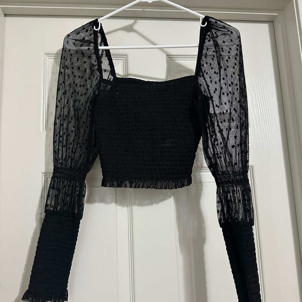 Free People Black Textured Blouse with Sheer Sleeves